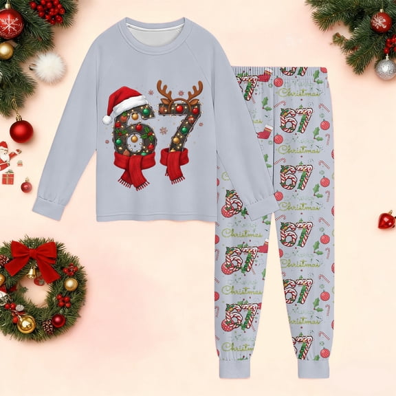 ASFGIMUJ Christmas 67 Six Seven Meme Boys Themed Long Sleeve Pajama Cozy Holiday Print Loungewear For Kids Nightwear Outfit Blend Sleepwear Two Piece Pajamas For Children Comfortable Homewear