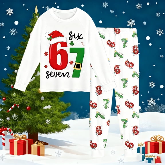 ASFGIMUJ Christmas 67 Six Seven Meme Print Girls Pajama Long Sleeve Top And Pants Cozy Holiday Nightwear For Children Festive Family Home Loungewear Soft Blend Two Piece Outfit