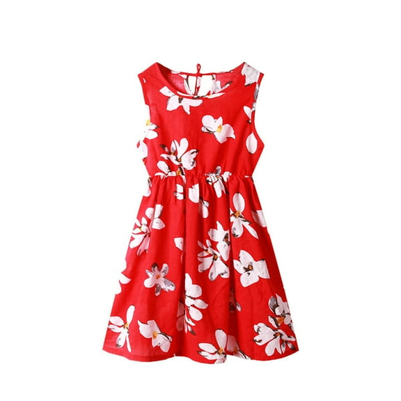 ASFGIMUJ Dresses For Girls Modest Crew Neck Summer Sleeveless Sundress Casual Beach Floral Prints Party Dress Girls Maxi Dresses,Size 6 Years—7 Years