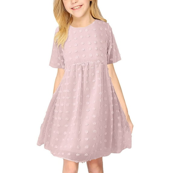 ASFGIMUJ Flower Girl Dress Dot Dress Short Sleeve Pleated A Line Elastic Waist Cute Dresses For Teen Girls,Size 5 Years—6 Years