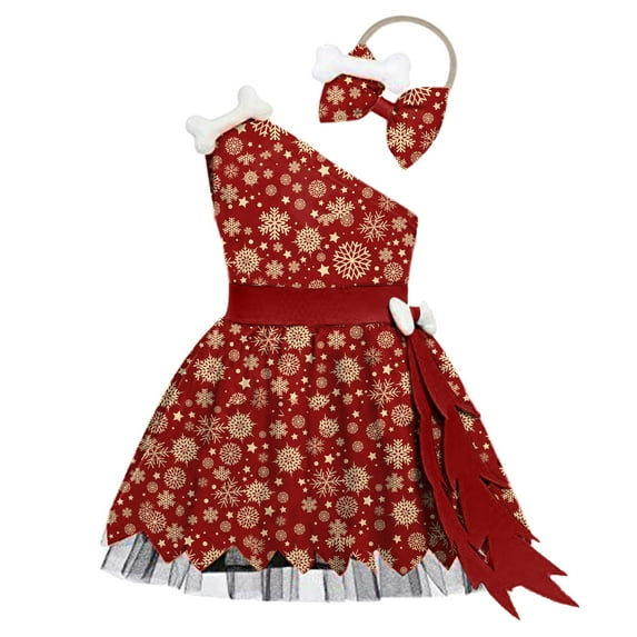 ASFGIMUJ Girls Christmas Dress Toddler Caveman Girls Christmas Dog Bones Historical Cavegirl Mesh Tulle Dress Outfits Hot Pink 18 Months-24 Months