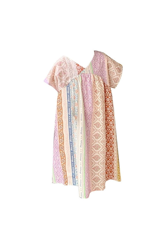Girls Dresses Casual Ethnic Style V Neck Dress Short Sleeve Princess Dress Soft Suit Girls Party Dresses,Size 5 Years—6 Years