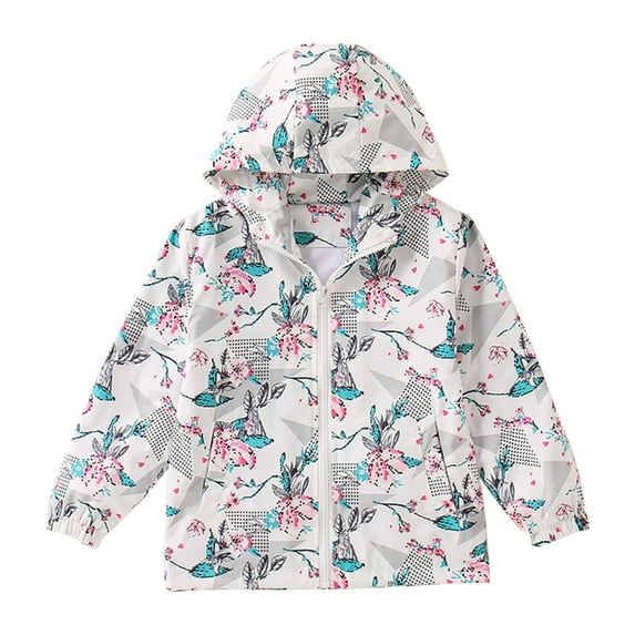 ASFGIMUJ Girls Jacket Kids Coat Spring And Fail Jacket Hooded Flower Prints Outwear Windproof Warm Thick Coat Jacket Toddler Winter Coat White 6-7 Years
