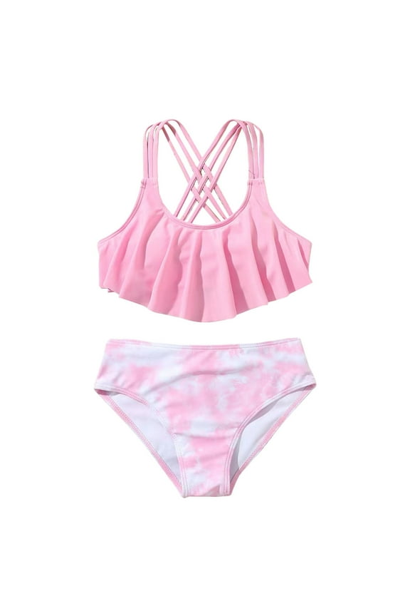 Girls Swimsuit Size 9-10 Two Piece Bikini Sets Ruffles Pink With Chest Pad No Steel Top Tie Dye Swimming Trunks Bathing Suit