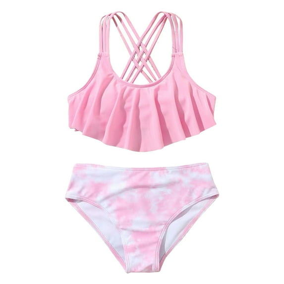 ASFGIMUJ Girls Swimsuit Size 9-10 Two Piece Bikini Sets Ruffles Pink With Chest Pad No Steel Top Tie Dye Swimming Trunks Bathing Suit
