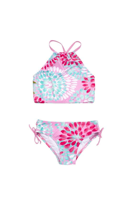 Girls Two Piece Swimsuit Swimwear Floral Tops Drawstring Bikini Bottoms Bikini Split Water Drop Print Bikini Baby Girl Bathing Suit