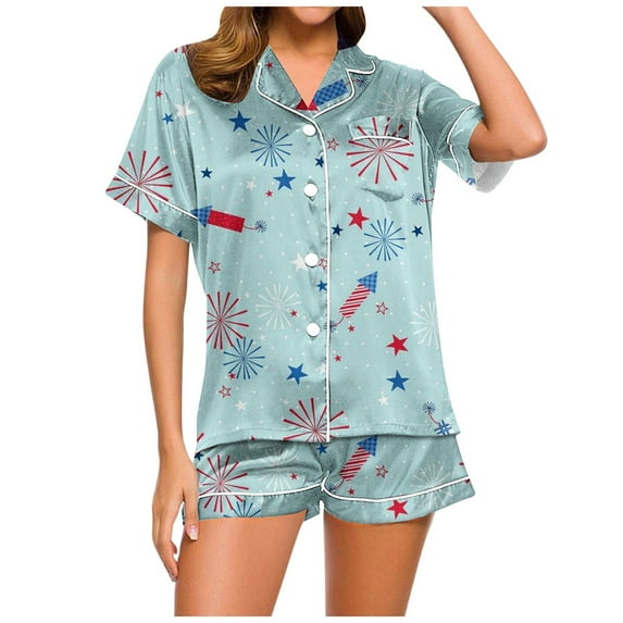 ASFGIMUJ Independence Day 2 Piece Pajamas For Women Balloon Print Fashion Daily Pajamas Set Button Shirt And Shorts Loungewear Sets Home Wear