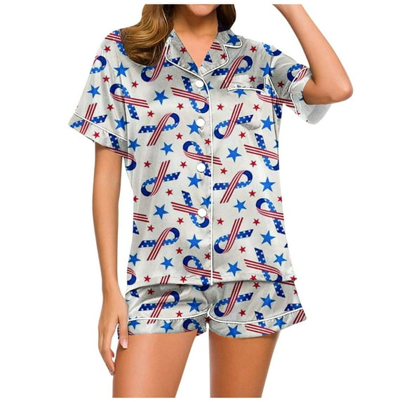 ASFGIMUJ Independence Day 2 Piece Pajamas For Women Balloon Print Fashion Daily Pajamas Set Button Shirt And Shorts Loungewear Sets Home Wear