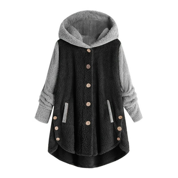 ASFGIMUJ Jacket Women Plus Size Casual Color Block Plush Sweatshirt Hoodie Loose Blouse Warm Winter Coats 2023 Trendy Black XXXL