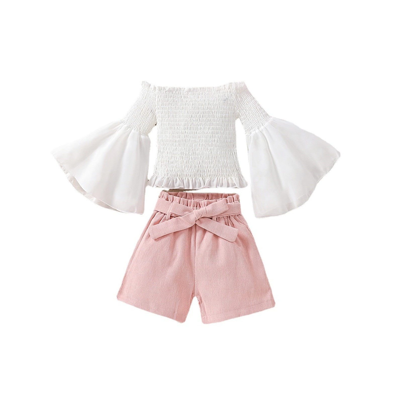 ASFGIMUJ Kids Toddler Baby Girls Spring Summer Solid Cotton Ribbed Ruffle Long Sleeve Tops Shorts Outfits Clothes,Size 4 Years-5 Years