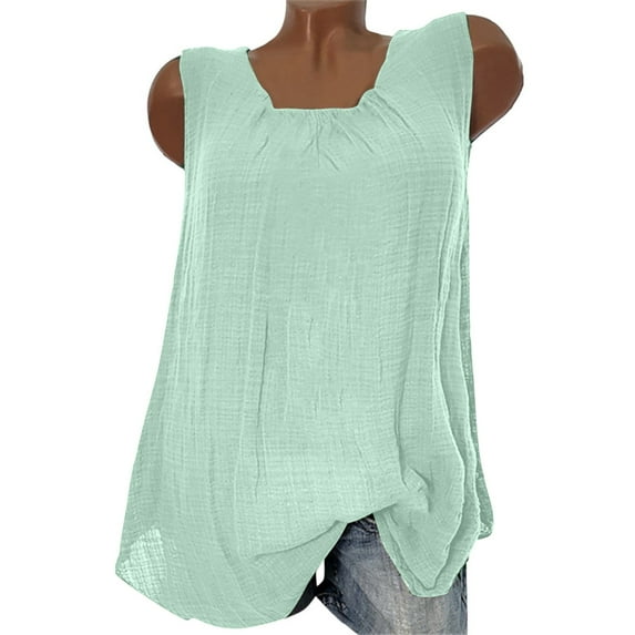 ASFGIMUJ Ladies Linen Sleeveless Round Neck All Loose Type Solid Color Casual Vest Top E L