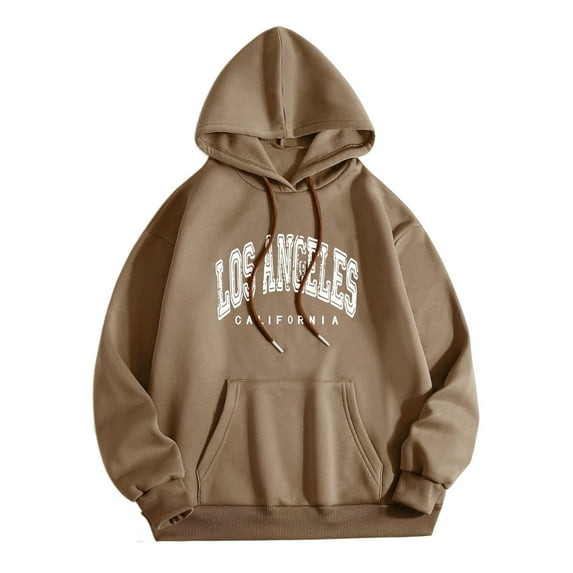 ASFGIMUJ Ladies Women's Letter Graphic Hooded Print Round Neck Long Sleeve Sweatshirt Tops Brown XXL