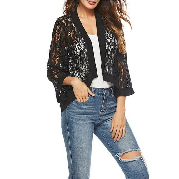 ASFGIMUJ Long Cardigans For Women Casual Lace Crochet Cardigan Three Quarter Sleeve Sheer Cover Up Jacket Black XXL