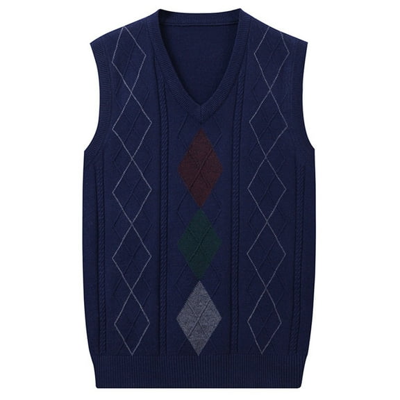 ASFGIMUJ Men's Autumn/Winter Comfort Business Sleeveless Casual Plush Vest Knitted Diamond Check