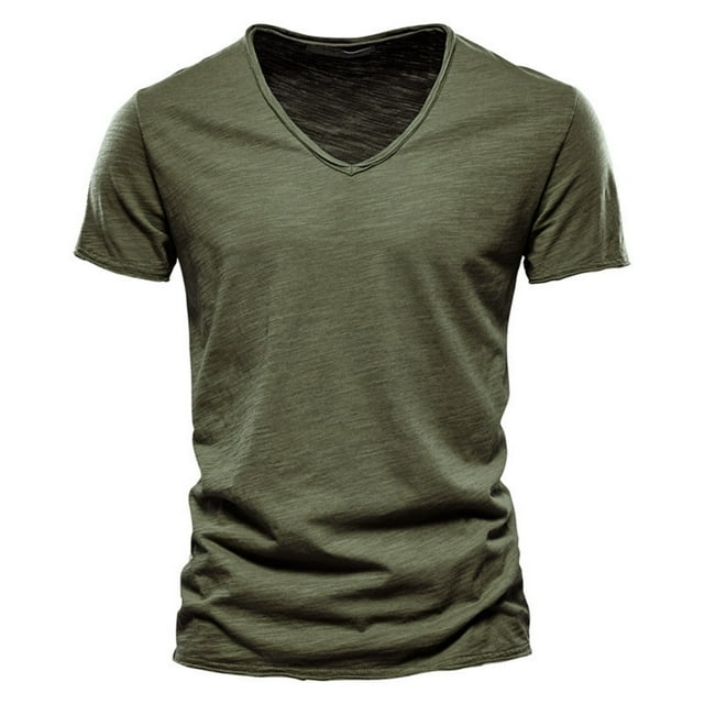 ASFGIMUJ Men's V-Neck Cotton T-Shirt - Breathable Summer Short Sleeve Tee with Regular Fit, Solid Color Casual Top
