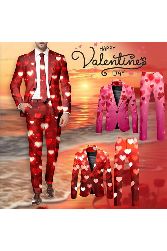 Men's Valentine's Day Suit Set Heart Print Blazer Jacket and Pants 2-Piece Novelty Party Outfit