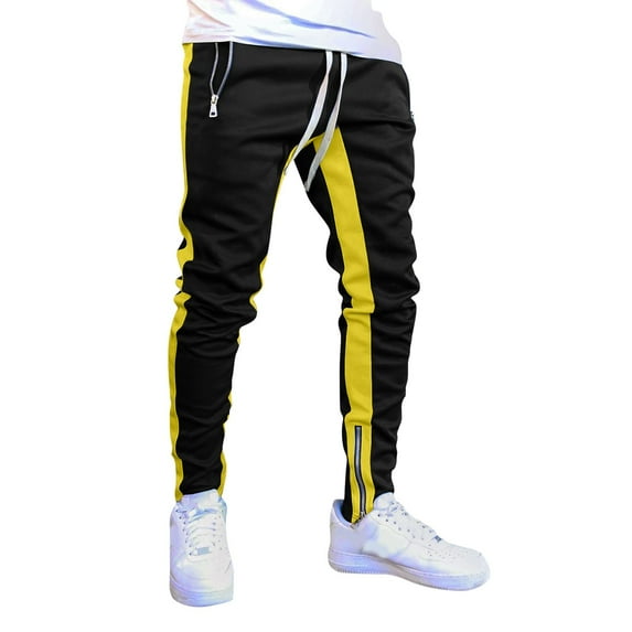 ASFGIMUJ Mens Sweatpants Loose Fit Autumn Winter Leisure Outdoor Sports Jogging Fit Color Foot Mouth Zipper Pants Yellow XL