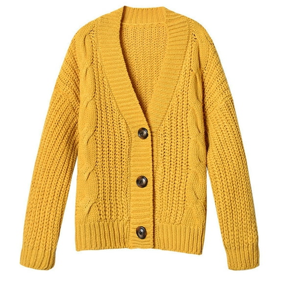 ASFGIMUJ Open Cardigan For Women Casual Long Sleeve Button Up Knit Cardigan Sweater Yellow One Size