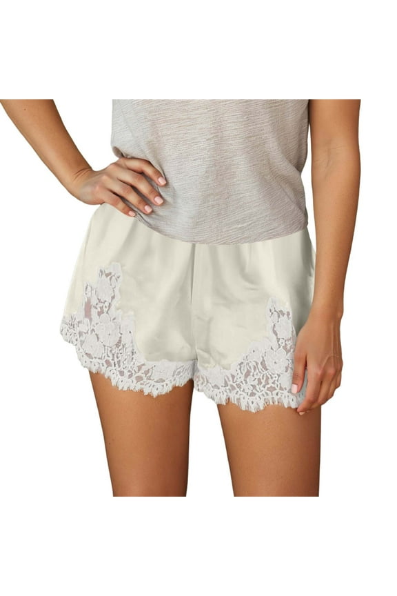 Satin Shorts for Women Low Rise Lace Trim Patchwork Silk Micro Shorts Lounge Pettipants Pajamas (Pj) Bottoms