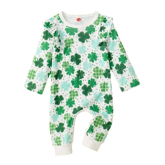 ASFGIMUJ St. Patrick's Day Baby Romper Outfit - Shamrock Print Green Long Sleeve Bodysuit for Boys Girls 0-24 Months, Soft Cotton Toddler Clothes with Lucky Clover Design