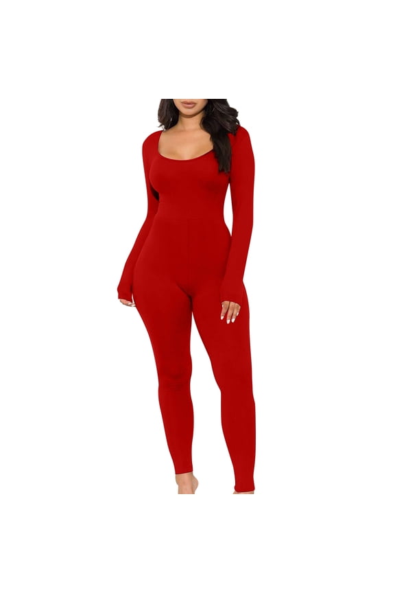 Suitable Jumpsuits For Women Fashion Yoga Jumpsuits Workout Ribbed Long Sleeve Sport Jumpsuits Red M
