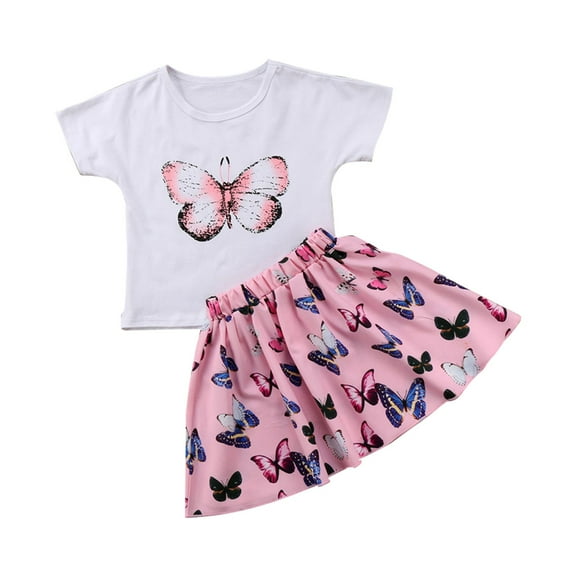 ASFGIMUJ Summer Girls' Clothing Butterfly Print Round Neck Short Sleeve Top Skirt Girl's Suit Short Sleeved T Shirt,Size 3 Years-4 Years