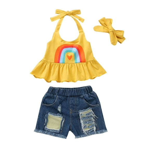 ASFGIMUJ Summer Solid Color Rainbow Print Hanging Neck Suspender Ripped Denim Shorts Summer Wear Girls Suit Girl Clothes,Size 3 Years-4 Years