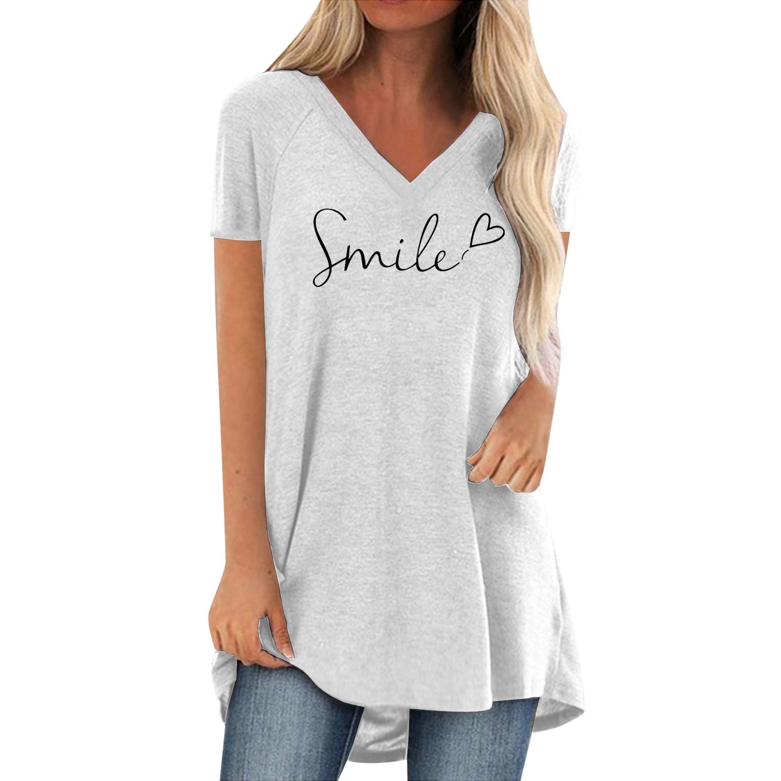 ASFGIMUJ Summer Tops For Women 2025 Plus Size Print V Neck Short ...