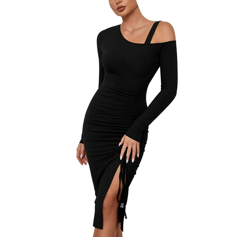 ASFGIMUJ Sweater Dresses For Women 2023 Trendy Elegant Off Shoulder Slit Long Sleeve Solid Color Bodycon Dress Fall Winter Winter Dress Black S Walmart