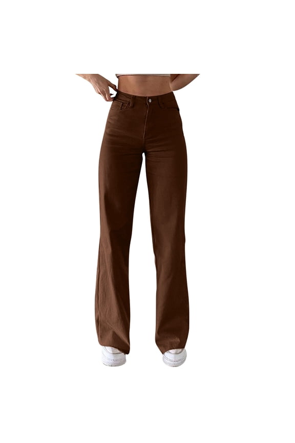 Sweatpants Womens Solid Color Jeans Sagging Loose Slim Waist Straight Pants Casual Jeans Brown S