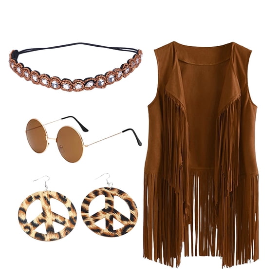 ASFGIMUJ Sweatshirt Cardigan For Women 4Pc Sets Autumn Winter Ethnic Sleeveless Tassels Fringed Vest Cardigan Vest Headband Glasses Earrings Khaki XXXL