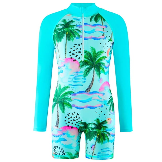 ASFGIMUJ Swimsuits For Girls Teens 1Pcs Long Sleeve Girls Bathing Upf 50+ Rash Guard Suits Swimsuts Zip Girls Bathing Suit,Size 4-5Y