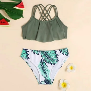 ASFGIMUJ Swimsuits For Girls Teens Summer Crisscross Floral Print Piece The Cute Leaves Swimwear Toddler Girl Bathing Suit,2 Piece,Size 130