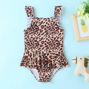 ASFGIMUJ Swimsuits For Girls Teens Summer Sleeveless 1 Piece Leopard Printed Ruffles Swimwear Bikini Girls Bathing Suits,Size 3-4Y