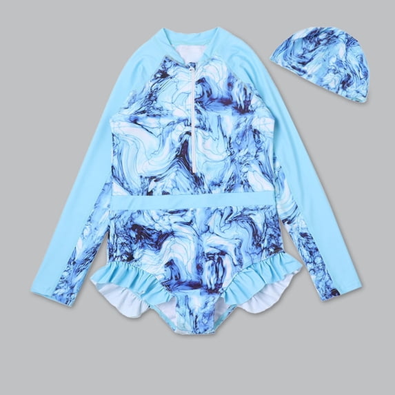 ASFGIMUJ Swimsuits For Girls Teens Baby Long Sleeve Floral Printed Ruffles Rash Guard Shirts Bathing Suit Baby Bathing Suit Girl,2 Piece,Size 3-4Y