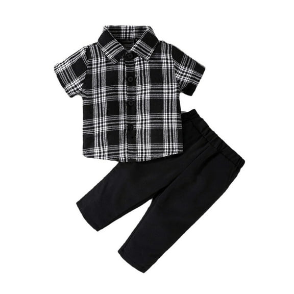 ASFGIMUJ Toddler Boys 2 Piece Outfits Striped Plaid Short Sleeved Stand up Collar Top Casual Pants Set Summer Clothes Sets