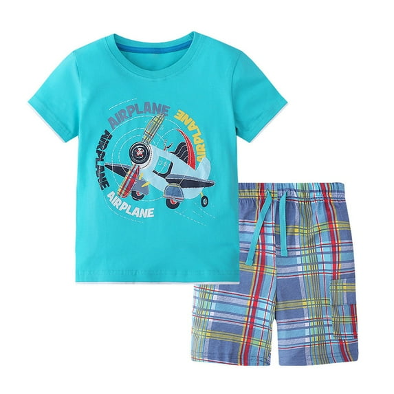 ASFGIMUJ Toddler Boys Summer Short Sleeved Shorts Two Piece Knitted Cotton Cartoon Airplane Summer Outfits Clothes 3 Years-4 Years