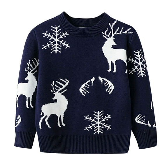 ASFGIMUJ Toddler Girl Sweater Boys Girls Christmas Cartoon Deer Snowflake Warm Knitted Sweater Long Sleeve Xmas Tops Knitwear Cardigan Coat Knit Sweater Navy 5 Years-6 Years