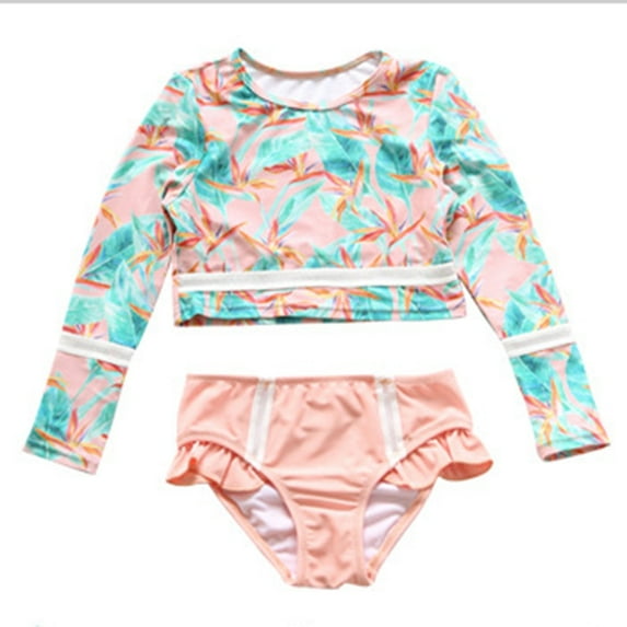 ASFGIMUJ Toddler Girl Swimsuit Two Piece Spring Summer Print Long Sleeve Tops Shorts Baby Girl Bathing Suit,Size 3 Years-4 Years