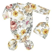 ASFGIMUJ Toddler Girl's Printed Knotted Sleep Gown & Hat Set Newborn 2 Piece