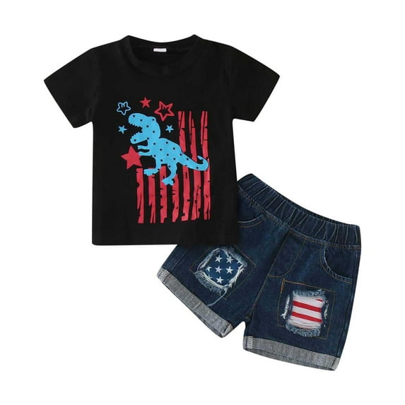 ASFGIMUJ Toddler Girls Short Sleeve Independence Day 4Th Of July Dinosaur Prints T Shirt Tops Denim Shorts Outfits,Size 4 Years-5 Years
