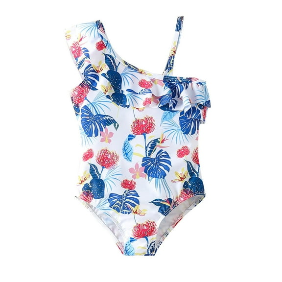 ASFGIMUJ Toddler Girls Swimsuit One Piece Summer Ruffles Swimwear Floral Prints Beach Onesie Bikini Bathing Suits For Teens Girls,Size 5 Years-6 Years Blue
