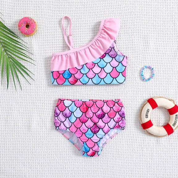 ASFGIMUJ Toddler Girls Swimsuit One Shoulder Bikini Sets Fish Scale Dress Hot Spring Summer Beacher Swimwear Baby Bathing Suit Girl,2 Piece,Size 12-24 Months