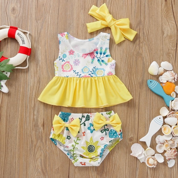ASFGIMUJ Toddler Girls Swimsuit Summer Bowknot Flower Printed Ruffles Swimwear Bikini With Headbands Toddler Bathing Suit Girl,2 Piece,Size 12-18 Months