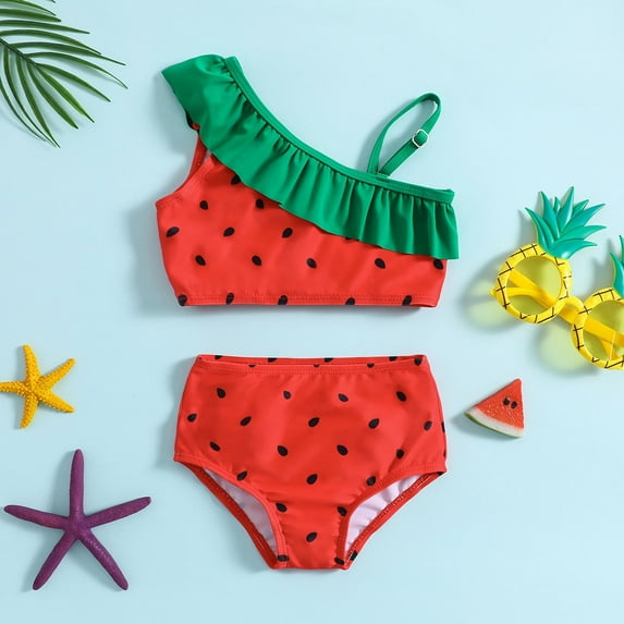 ASFGIMUJ Toddler Girls Swimsuit Summer Watermelon Printed Ruffles One Shoulder Swimwear Bikini Set Toddler Girl Bathing Suit,2 Piece,Size 3-4Y