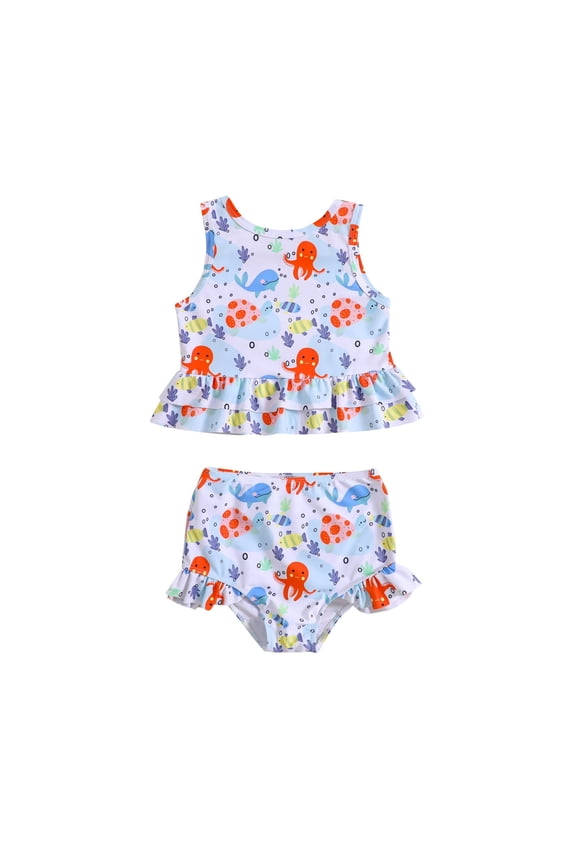 Toddler Summer Girls Bowknot Cartoon Fish Printed Ruffles Two Piece Swimwear Swimsuit Bikini,Size 5 Years-6 Years