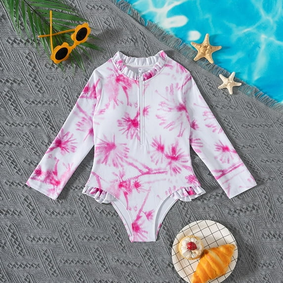ASFGIMUJ Toddler Swimsuit Girl 1 Piece Printed Long Sleeved Rash Guard Swimwear Fresh Full Girls Bathing Suit,Size 5-6Y