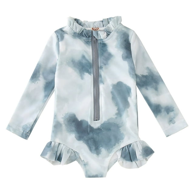 ASFGIMUJ Toddler Swimsuit Girl Long Sleeve Rashguard Summer Ruffles Colour Tie Dye Gradient Prints One Piece Swimwear Beach Bikini Baby Bathing Suit Girl,Size 2 Years-3 Years