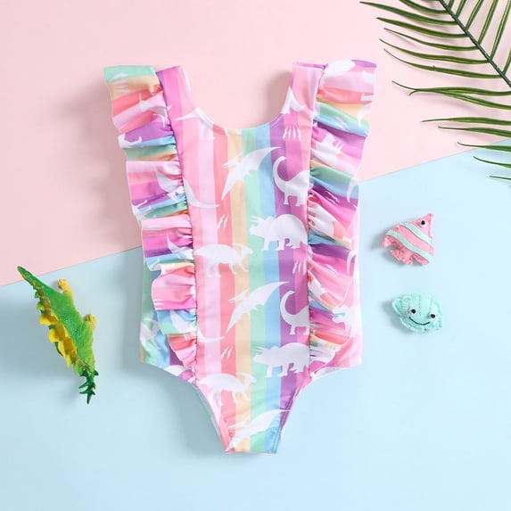 ASFGIMUJ Toddler Swimsuit Girl Summer Ruffles Cartoon Dinosaur Prints 1 Piece Swimwear Beach Bikini Baby Bathing Suit Girl,Size 12-18 Months