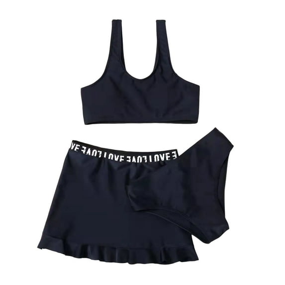 ASFGIMUJ Toddler Swimsuits For Girls 3 Piece Solid Tops Underpants Letter Skirt Bikini Swimwear Beach Wear Set Bathing Suits For Girls,Size 8 Years-10 Years